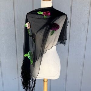 Source Unknown Black Sheer Shawl with Floral sequin  Embroidery